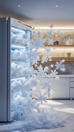 Magical moment as modern steel refrigerator open and hundreds of detailed shiny beautiful snowflakes burst out. White gray marble walls of a kitchen in background.の素材