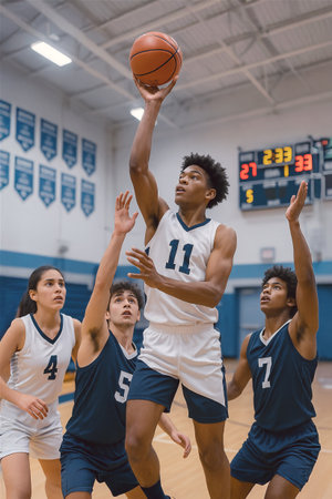 Diverse high school students playing basketball in a school gymnasium, wearing team jerseys. Intense game with one player jumping to make a shot. Gym have banners and a scoreboard in the background.の素材