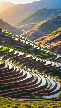 Asian stepped rice terraces mountain landscapeの素材