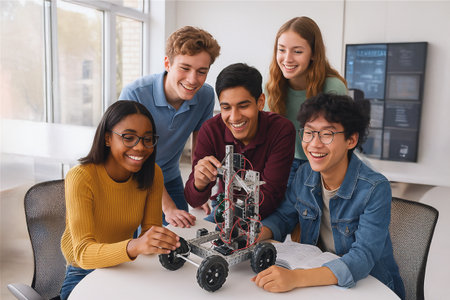 School multiracial students working to build a robot, using metallic components and wires in light science lab, horizontal photo.の素材