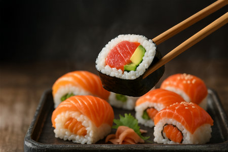 Close up of chopsticks in wooden chopsticks lifting a sushi roll from dark plate on wooden table. Fresh red fish, rice, avocado and ginger.の素材