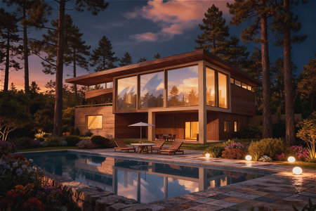 Modern suburban wooden minimal style rectangular two-storyed cottage house surrounded with forest trees. Swimming pool with chaise lounges and lanterns horizontal backgroundの素材