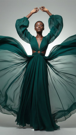 High-fashion commercial magazine full body photo of a beautiful Black woman model with short hair dancing in a flowing, emerald green chiffon dress, sheer skirt flutteringの素材