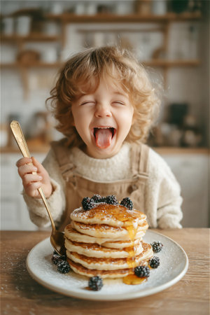 Cute little boy with blonde curly hair, plays the fool and tongue out, sitting at the table with spoon. In front of him is a stack of delicious pancakes drizzled with honey on plate with blueberries.の素材