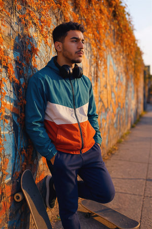 A young Arabian thoughtful man with curly hair in casual clothing and sneakers stands against a graffiti wall with fall leaves. Perspective shot.の素材
