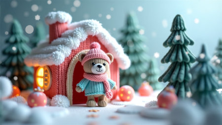 Knitted cute bear near house in winter forestの素材