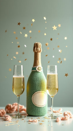 Festive champagne bottle with knitted cover and two glasses filled with sparkling wine. Celebration decoration with golden stars and confetti on mint background. Party concept.の素材