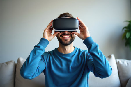 Happy man wearing virtual reality headset at home sitting on sofa. Smiling person experiencing VR technology for gaming, entertainment or education in modern living room.の素材