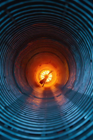 Metallic ventilation duct circular tunnel with blue and orange gradient lighting creating perspective depth. Modern industrial architecture with concentric rings leading to bright center, Inside view.の素材