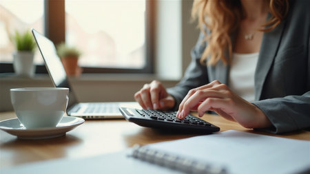 Professional businesswoman calculating finances using calculator at office desk with laptop and coffee cup. Female accountant working on budget analysis, tax preparation or financial planning indoors.の素材