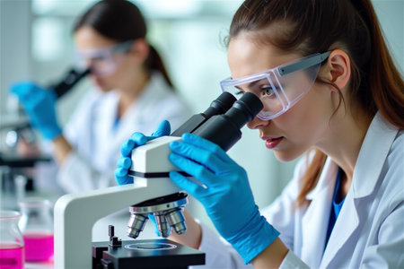 Female scientist examining sample under microscope in laboratory wearing safety goggles and gloves. Young researcher conducting scientific experiment, analysis or medical research in modern lab.の素材