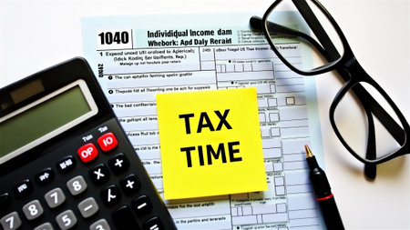 Tax time concept with form 1040, calculator and eyeglasses on desk. Individual income tax preparation with yellow sticky note reminder for filing deadline and financial planning season.の素材