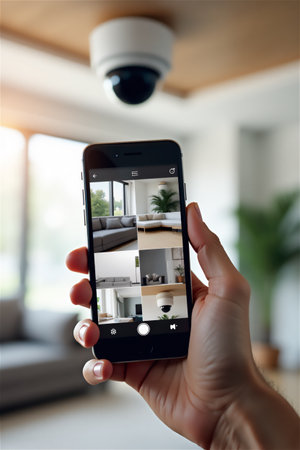 Hand holding smartphone with home security camera app showing multiple room views. Smart home surveillance system with ceiling dome camera monitoring living room interior for safety and protection.の素材