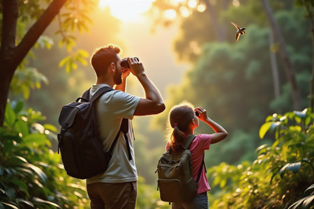 Father and daughter using binoculars for birdwatching in forest during summer vacation. Family outdoor activity with parent and child exploring nature, wildlife observation in sunny morning light.の素材