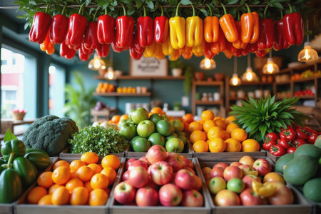 Colorful fresh produce display at farmers market with bell peppers, oranges, apples and broccoli. Organic fruits and vegetables arranged in wooden crates for healthy local food shopping.の素材