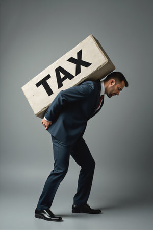 Businessman in suit struggling under heavy tax burden. Conceptual image of financial pressure, taxation stress, and economic weight. Studio shot with concrete block labeled TAX.の素材