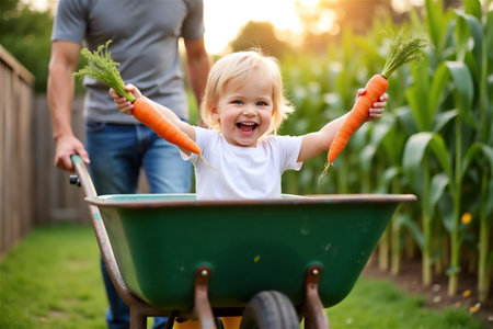Happy cheerful child holding carrots in wheelbarrow at garden. Blonde kid smiling with fresh vegetables outdoors. Family gardening, organic farming, harvest time. Healthy lifestyle and childhood joy.の素材