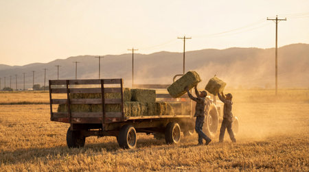 Workers throwing hay bales in loaded tractor in golden fieldの素材