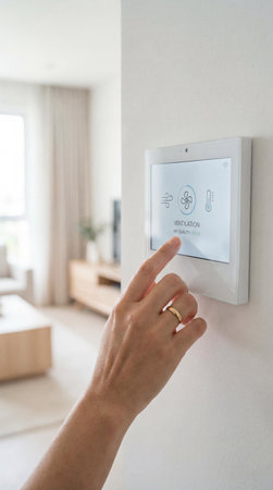 Female hand touching smart home ventilation control panel on white wallの素材