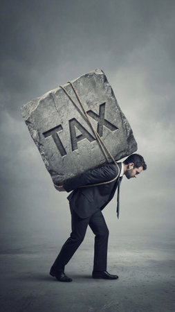 Businessman in suit carrying heavy stone block labeled TAXの素材