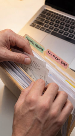 Hands organizing tax documents in file foldersの素材
