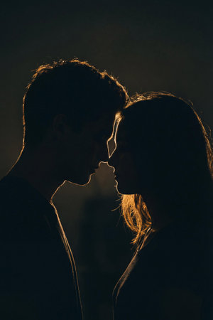 Silhouetted couple man and woman stands close in dramatic backlight, foreheads nearly touching. A moody, intimate moment of love, connection, and emotion captured in soft shadow and glow.の素材