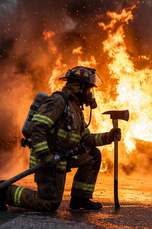Firefighter in full gear kneels with ax and hose in front of blazing flames and smoke. A dramatic moment of courage, danger, and emergency response in extreme fire conditions.の素材