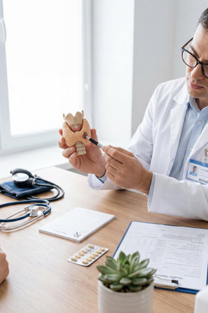 Doctor in white coat explains thyroid anatomy using a 3D model. Desk includes stethoscope, prescription pad, and patient chart. Scene illustrates clinical education and endocrine consultation.の素材