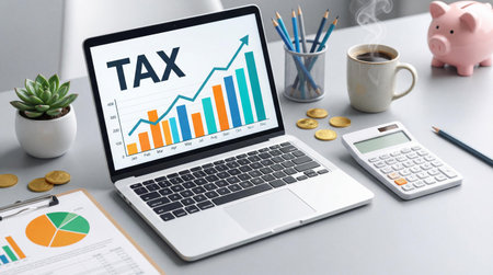 Tax planning workspace with laptop displaying financial chart, calculator, coins and piggy bank on desk. Business accounting and tax preparation concept. Financial management and budget organization.の素材