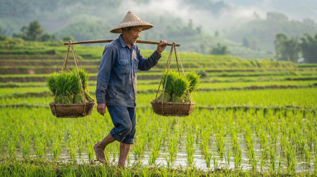 Asian farmer in conical hat carrying harvested rice stalks across shoulder in lush green paddy field. Traditional agriculture scene, vibrant landscape. Depicts rural farming lifestyle and harvest.の素材