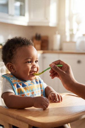 Happy African American baby boy being fed healthy vegetable puree with green spoon in bright kitchen. Adorable toddler smiles during mealtime at wooden table indoors.の素材