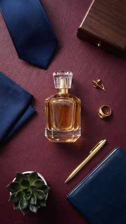 Elegant men accessories flat lay with perfume bottle, tie, wallet and ring on leather background. Luxury style, fashion branding, gift concept, masculinity and business lifestyle.の素材