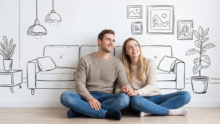 Young white couple sitting on the floor in a new home, holding hands and smiling, with hand drawn interior sketch on wall. Concept of moving, dream house, future plans, minimal style.の素材
