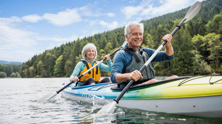 Mature couple kayaking on a forest lakeの素材