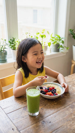 A happy young Asian girl laughs while eating a healthy breakfast bowl of yogurt and fresh berries. A glass of green smoothie sits on the wooden table in a bright room with plants by the window.の素材