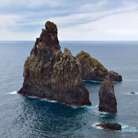 Ilheus da Rib rock formations on the cliff coast of Ribeira da Janela, Madeira, Portugal.