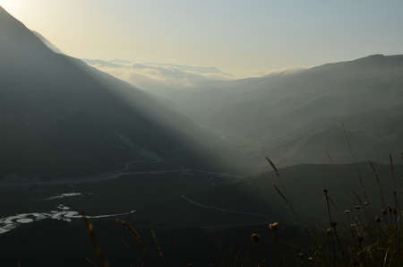 Sunset in the Caucasus mountains, lake valley Kezenoy-Am, the North Caucasus, the Chechen Republic...