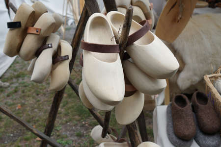 Wooden shoes at the medieval marketの写真素材