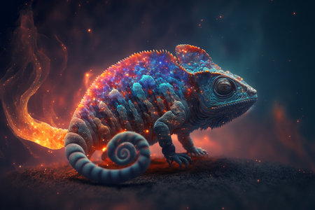 Chameleon on fire background. Fantasy animal. 3D renderingの素材