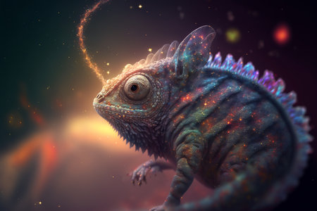 Chameleon in the galaxy. 3D illustration. Elements of this image furnished by NASAの素材