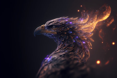 Eagle head with glowing fire on a dark background. 3d renderingの素材