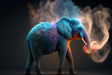 Elephant with colorful smoke on a dark background. 3d renderingの素材