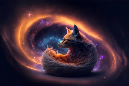 Sleeping fox in the starry space. 3D renderingの素材