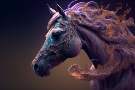 Horse portrait with fire effect on dark background. 3d renderingの素材