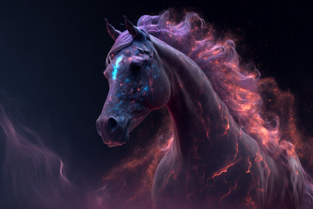 Fantasy portrait of a beautiful stallion with pink hair in the smokeの素材
