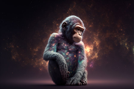 Chimpanzee sitting in space with stars and nebula conceptの素材