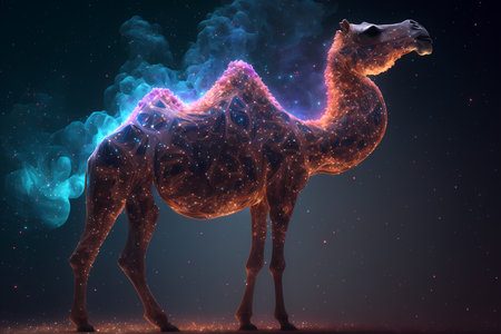 Camel in the night sky with stars. 3D rendering.の素材