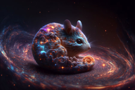 A 3d render of a mouse in space surrounded by stars.の素材