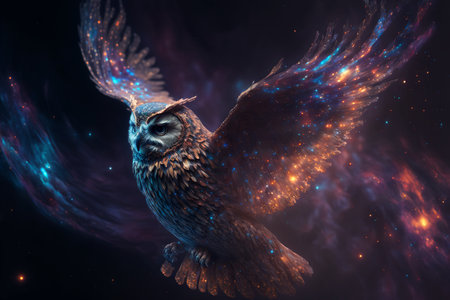 Owl in space with stars and nebula. 3D renderingの素材