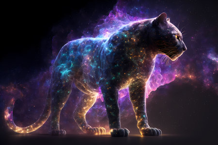 Black panther in space with stars and nebula. 3D renderingの素材